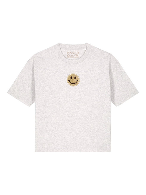 Boxy T-shirt 3D Smiley Gold Glitter - Heather Grey