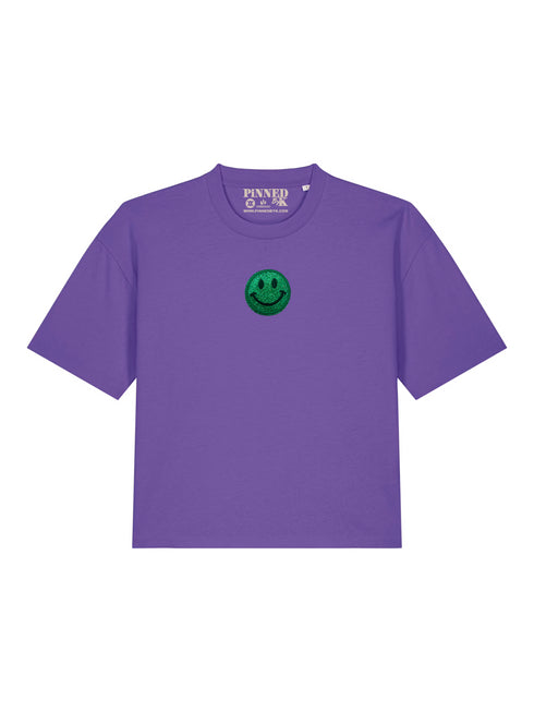 Boxy T-shirt 3D Smiley Green Glitter - Purple