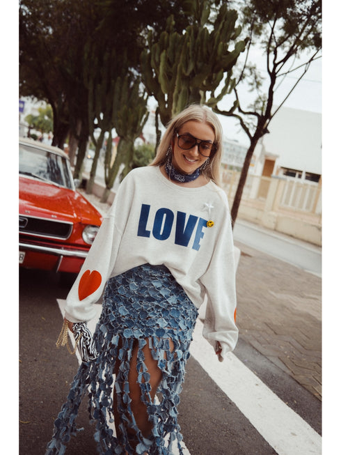 Boxy Sweater Love Metallic Blue Red