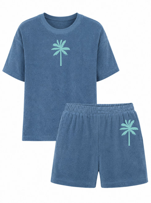 Set Badstof Palmtree blue Velvet Light Blue