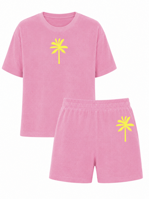 Set Badstof Palmtree Neon Yellow Velvet Pink