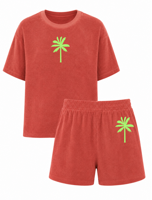 Set Badstof Palmtree Neon Green Velvet Red