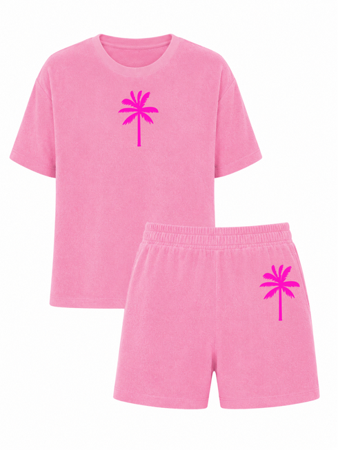 Set Badstof Palmtree Neon Pink Velvet | NOTE: Levertijd 5-7 werkdagen