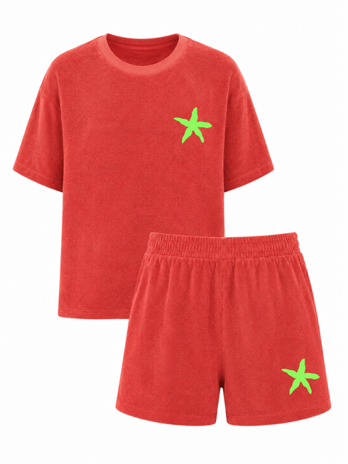 Set Badstof Starfish Neon Green Velvet Red.