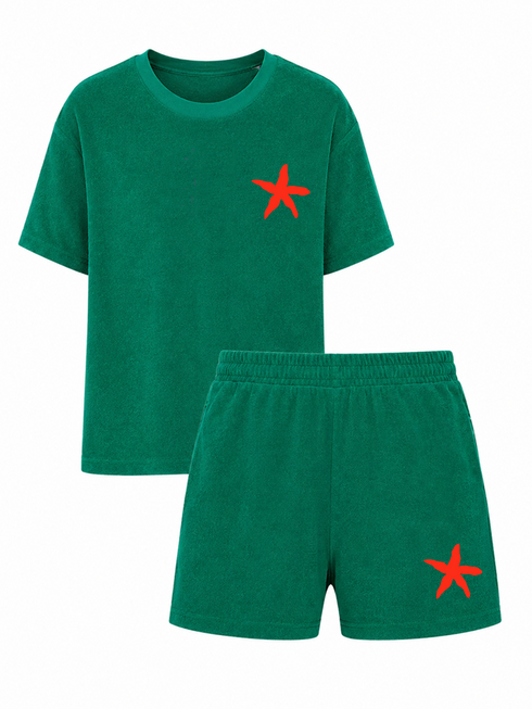 Set Badstof Starfish Neon Red Velvet Green