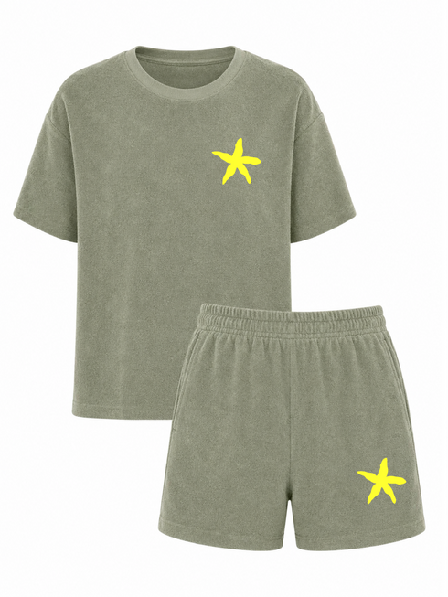 Set Badstof Starfish Neon Yellow Velvet Sage Green