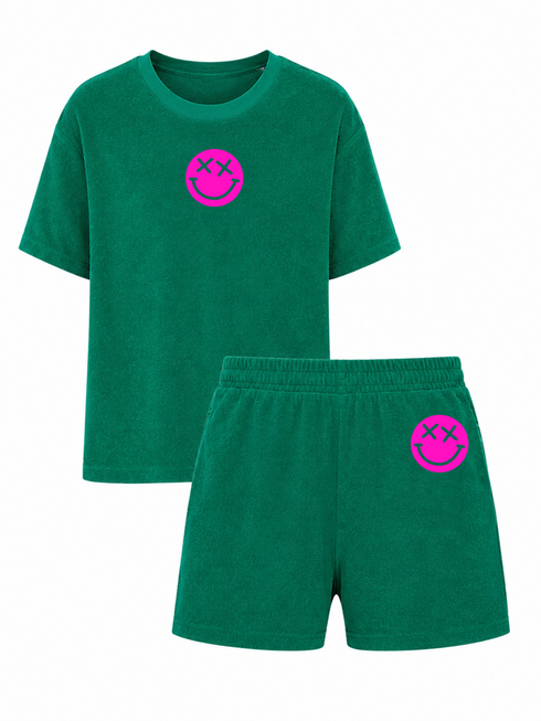 Set Badstof Smiley Neon Pink Velvet | NOTE: Levertijd 5-7 werkdagen