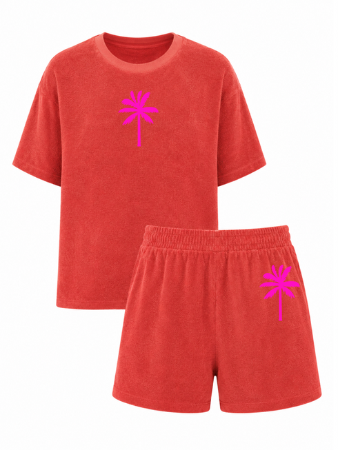 Set Badstof Palmtree Neon Pink Velvet | NOTE: Levertijd 5-7 werkdagen