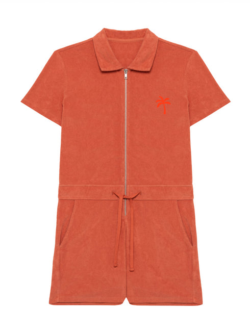 Frottee Jumpsuit Palme Mini Brust Neon Orange Samt